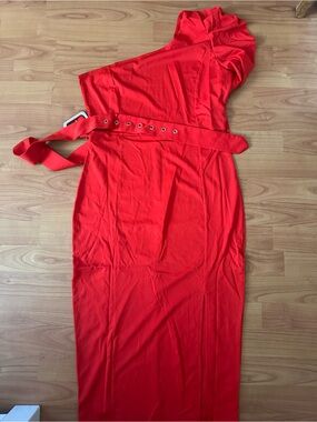 chic Red One-Shoulder Belted Midi Dress
